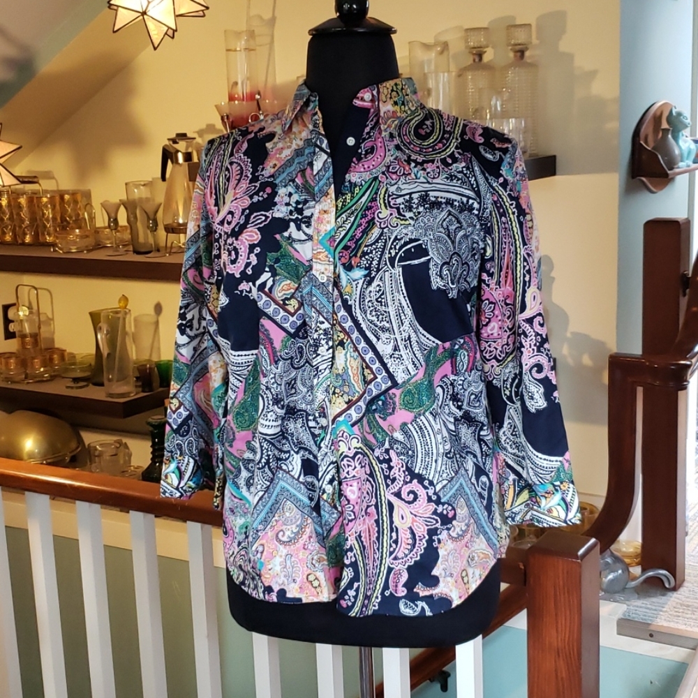 Ralph Lauren Navy Paisley Womens Button Front Shirt